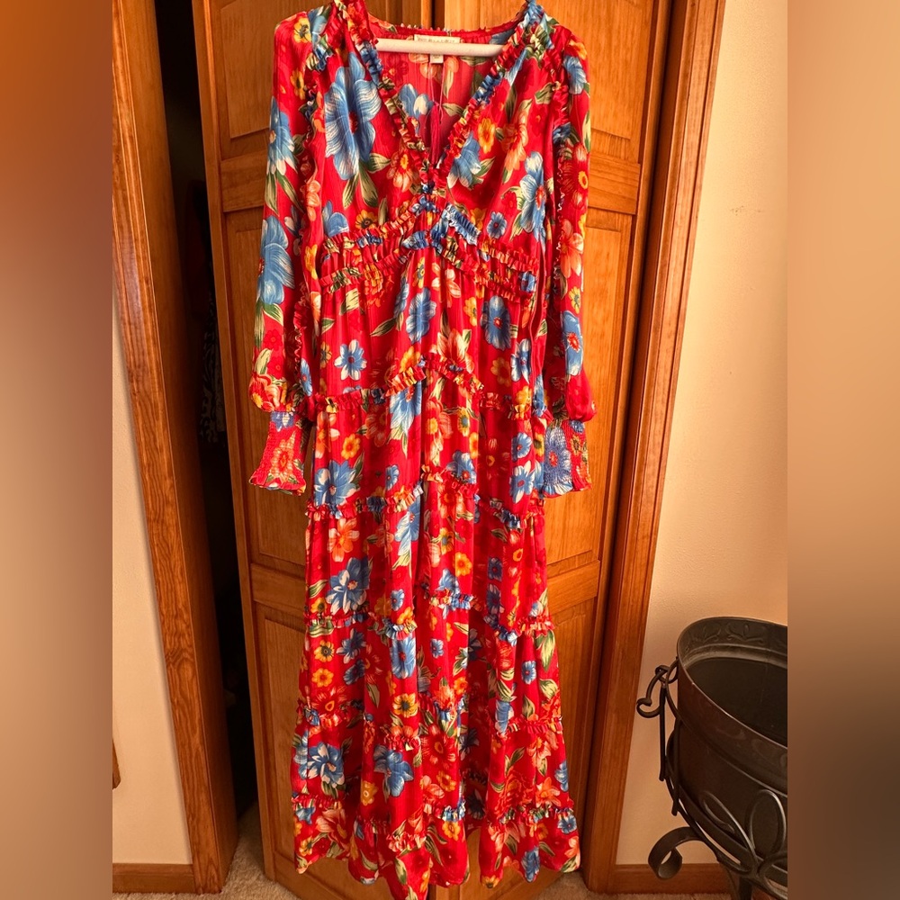 Chelsea & Violet Red Floral Ruffled Maxi Dress XS NWT